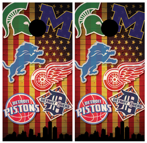 Michigan Compilation Spartans Wolverines Pistons Redwings Lions Tigers Cornhole Board Wraps